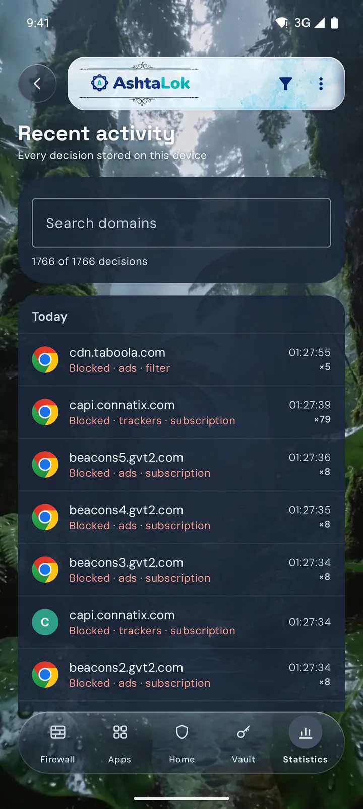 Recent activity: blocked ad and tracker servers such as cdn.taboola.com and capi.connatix.com, with the app that asked