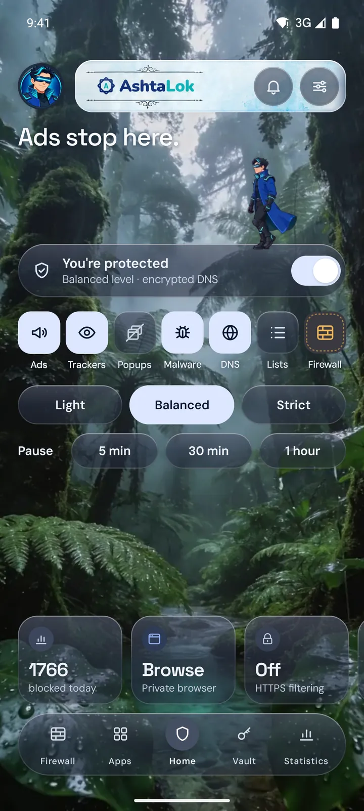 AshtaLok's home screen: You're protected at the Balanced level, the protection switches, the three levels and pause buttons, 1766 blocked today
