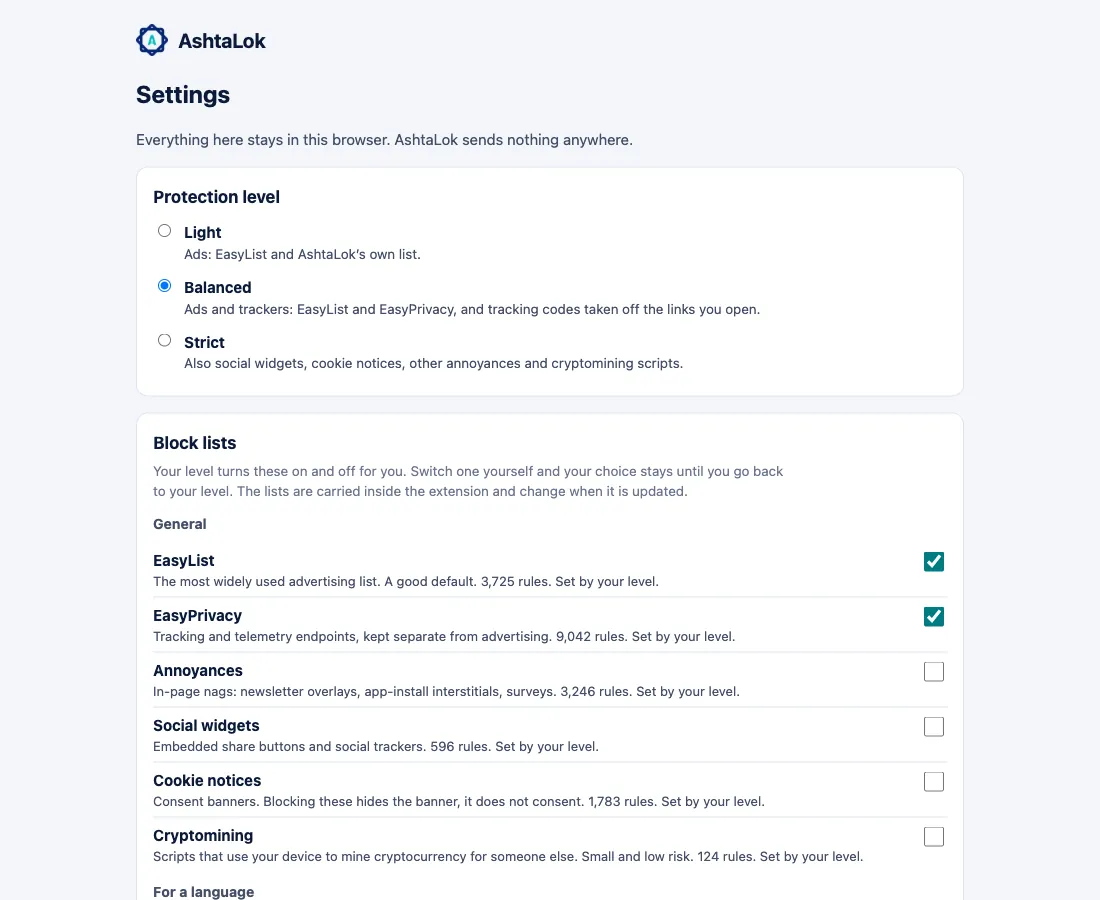 The extension's settings page