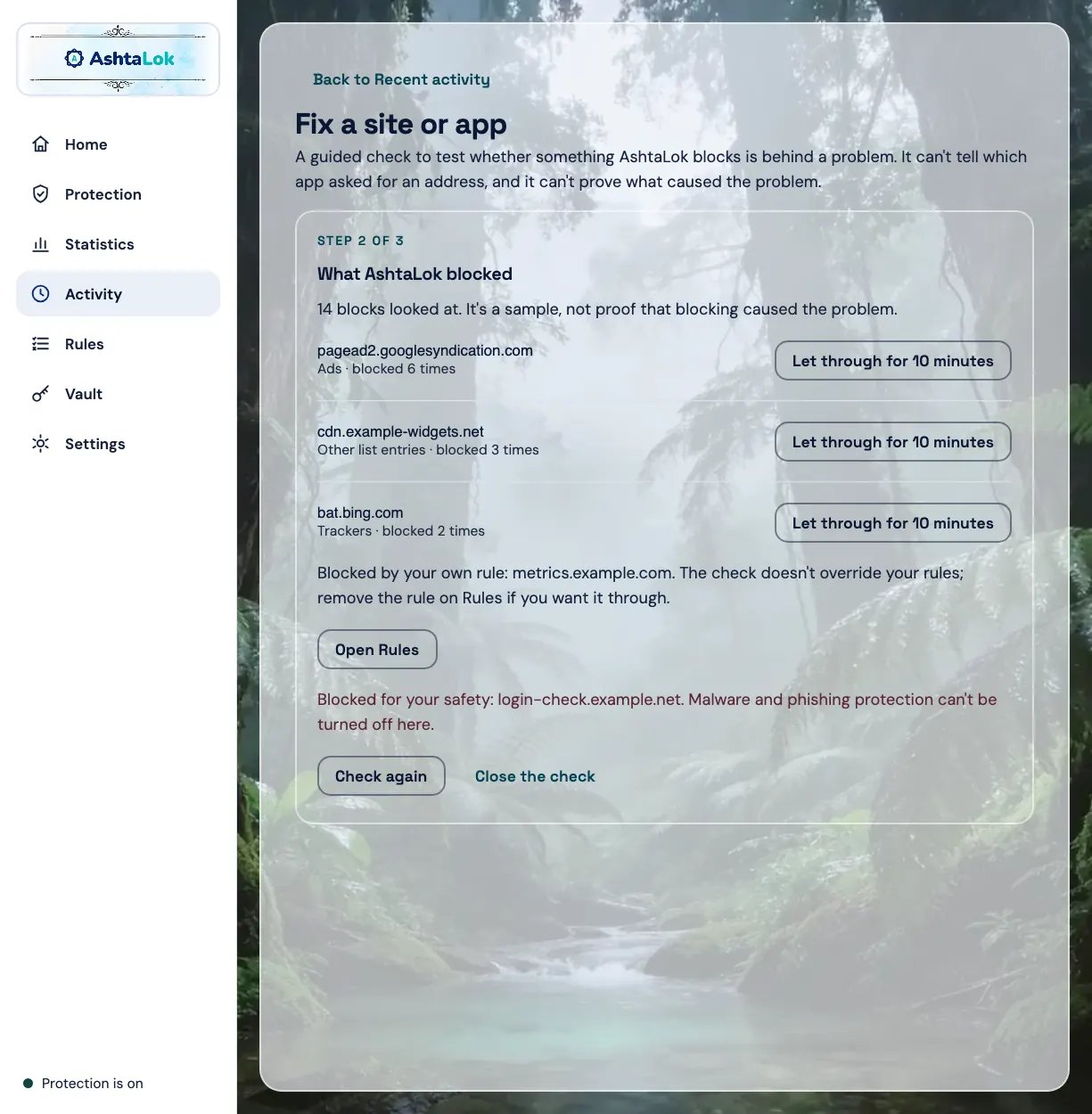 Fix a site or app on Windows: what was blocked while it misbehaved, with Allow (sample data)